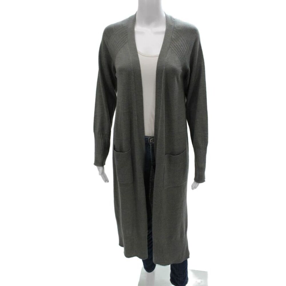 Tahari Women Gray V-Neck Merino Wool Cardigan Long Sleeve Solid Size M